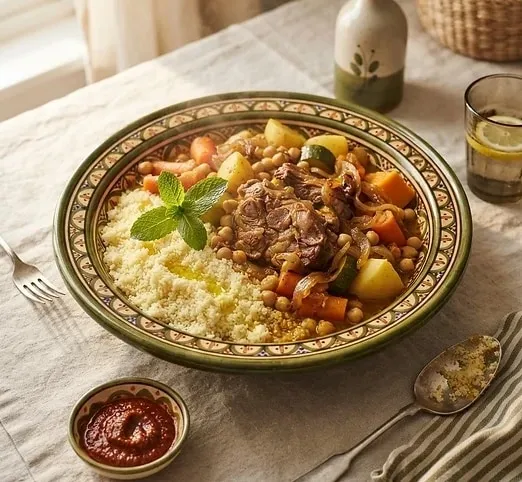 Couscous à l'agneau, pois chiches et légumes, servi avec de l'harissa