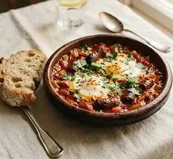 Ojja aux œufs dans un plat en terre cuite, avec du pain