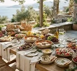 Table garnie de salades et mezzés à partager